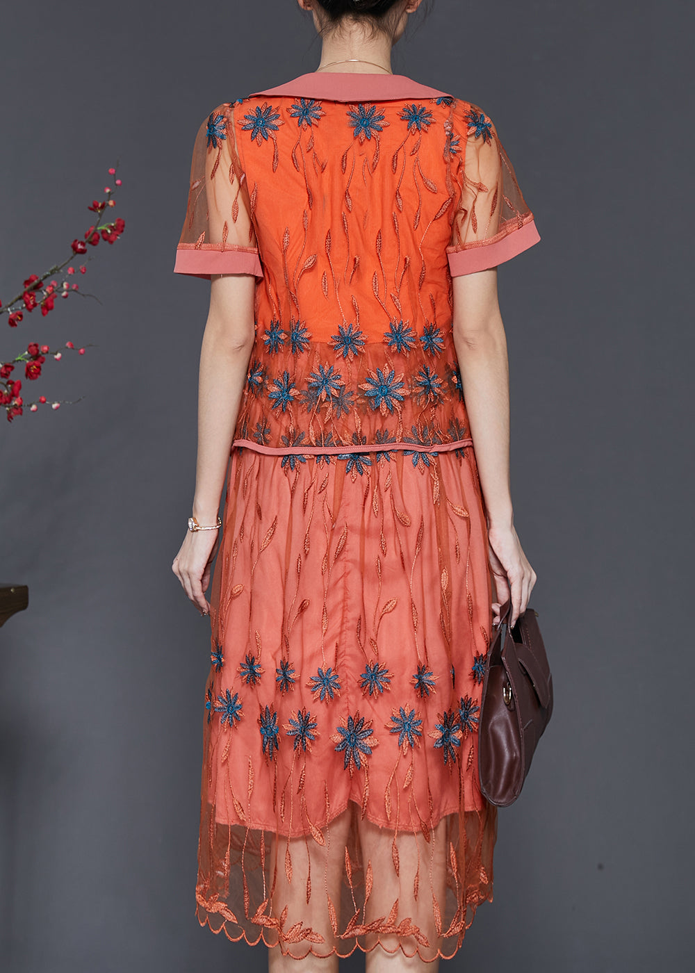 Vintage Orange Embroidered Patchwork Tulle Dresses Two Piece Set Summer SD1061