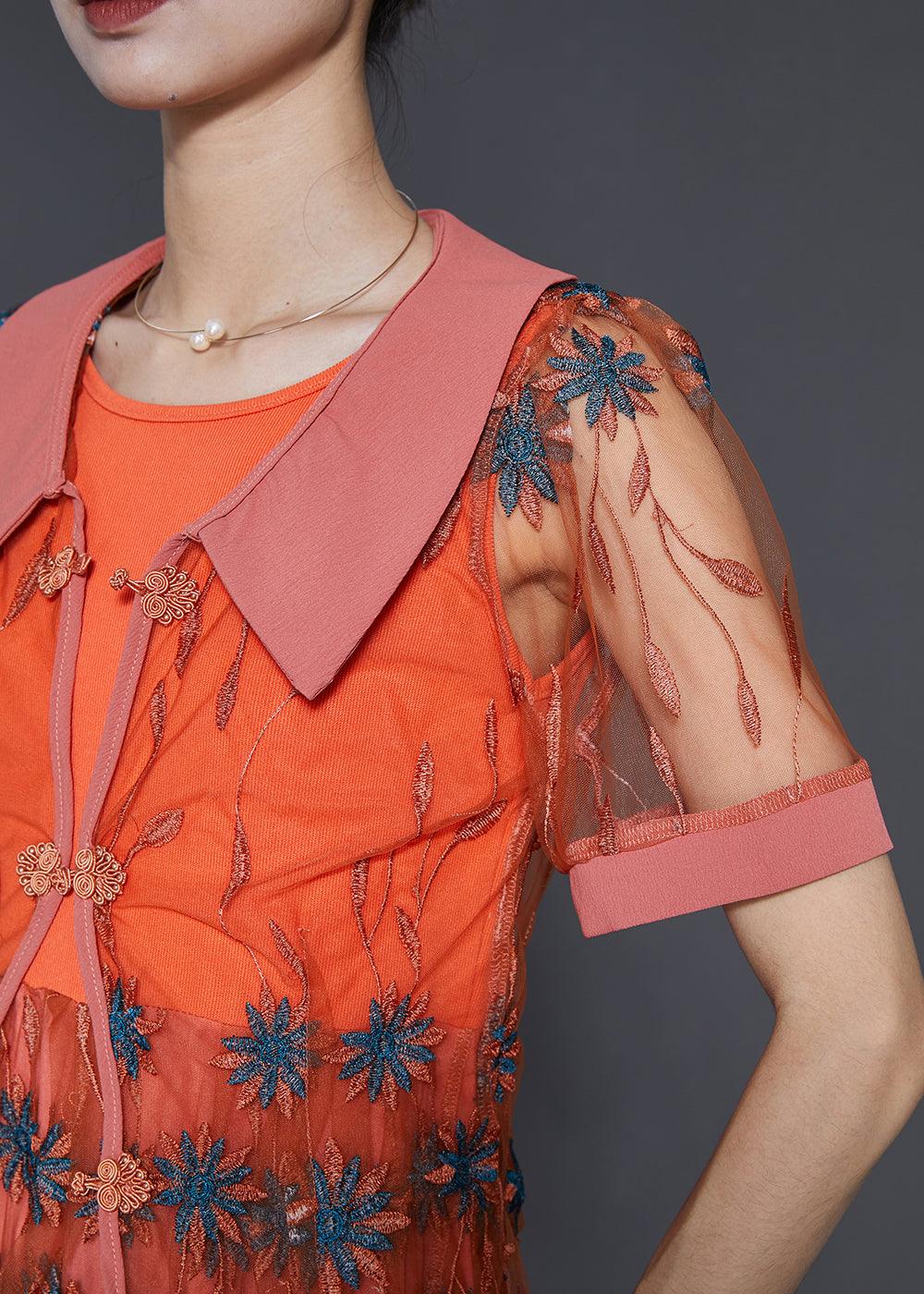 Vintage Orange Embroidered Patchwork Tulle Dresses Two Piece Set Summer SD1061