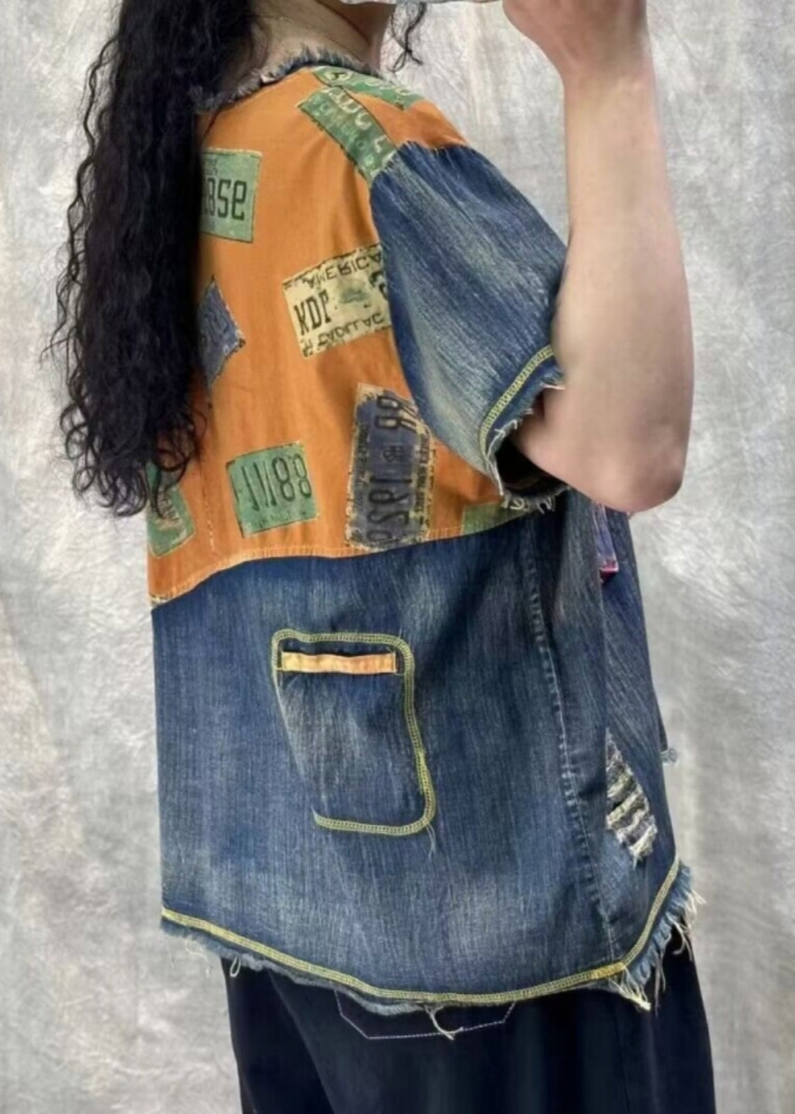 Vintage Orange Print Hole Patchwork T Shirt Denim Summer VV070