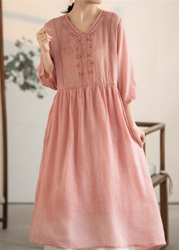 V Patchwork Vintage Rosa Sommerkleider Leinen Hals