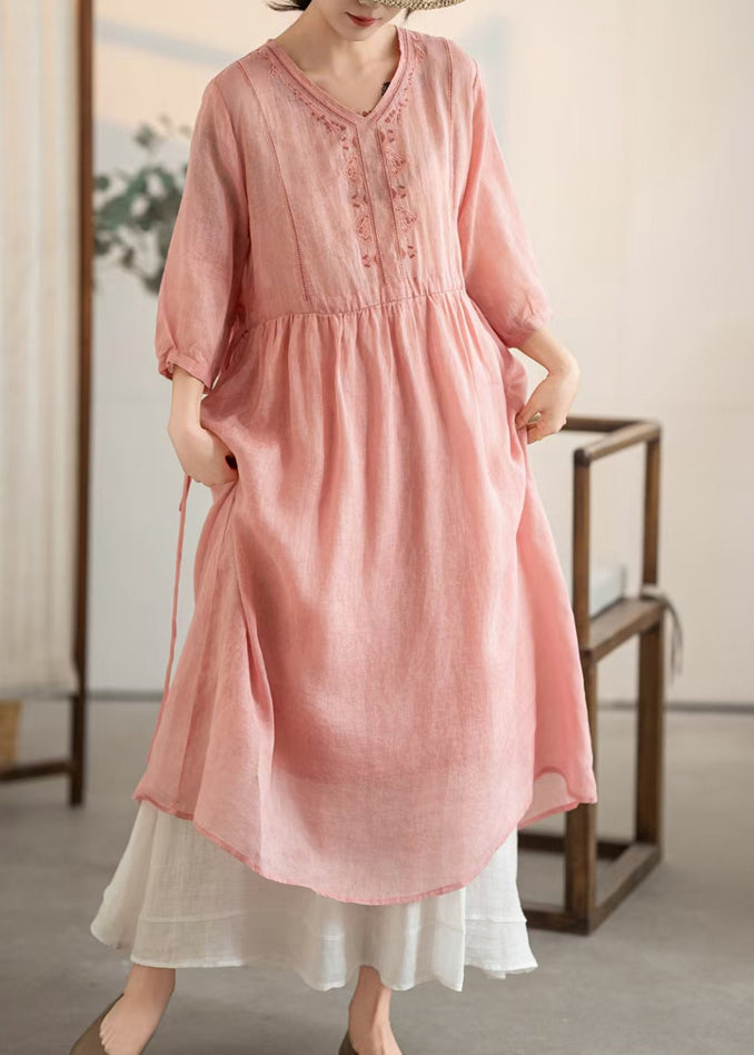 V Patchwork Vintage Rosa Sommerkleider Leinen Hals