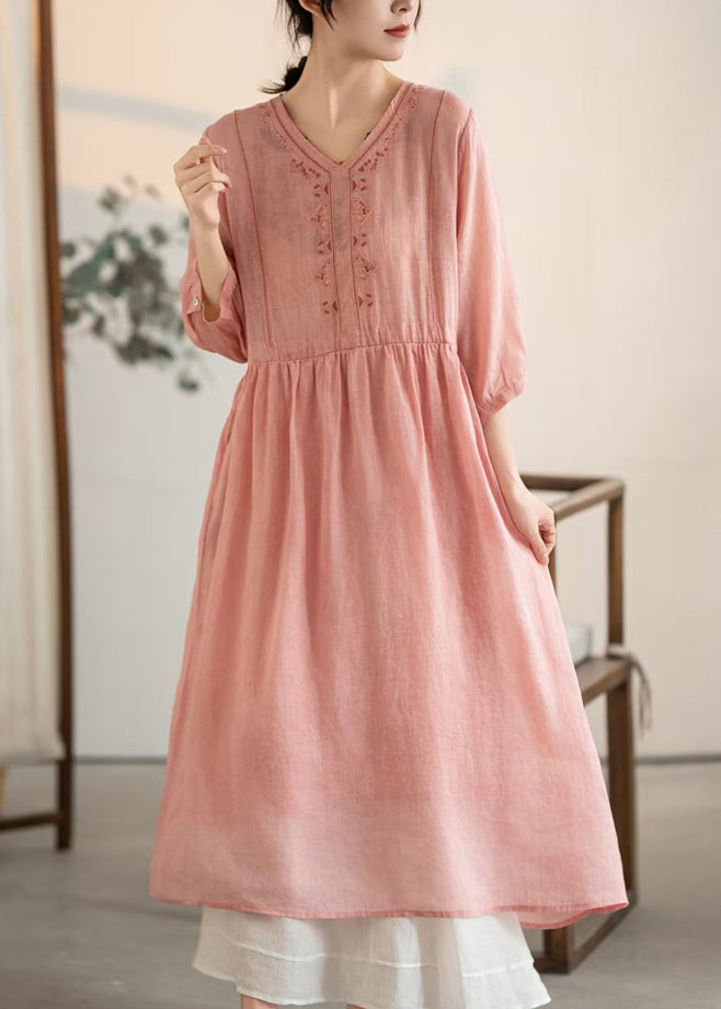 V Patchwork Vintage Rosa Sommerkleider Leinen Hals