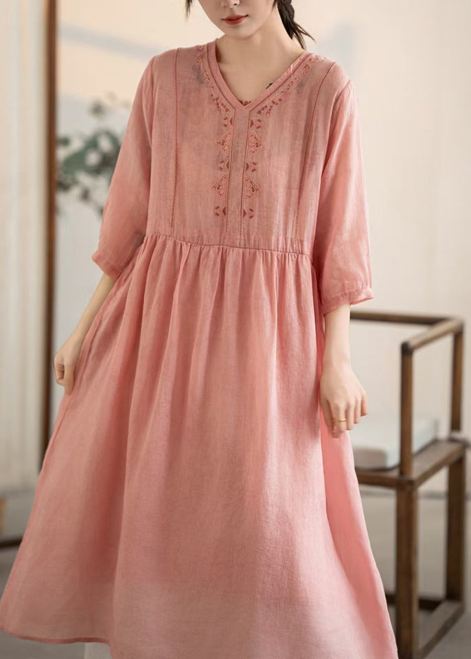 V Patchwork Vintage Rosa Sommerkleider Leinen Hals
