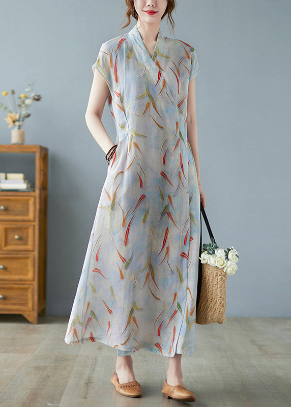 Vintage Print Leinen Sommer Taille Kleid Krawatte Lange