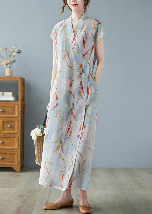 Vintage Print Leinen Sommer Taille Kleid Krawatte Lange