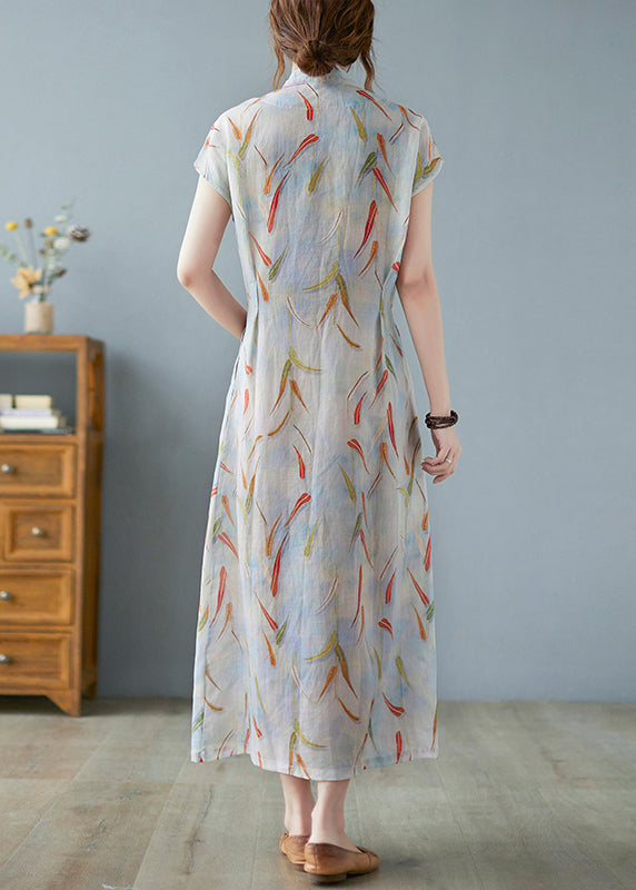 Vintage Print Leinen Sommer Taille Kleid Krawatte Lange
