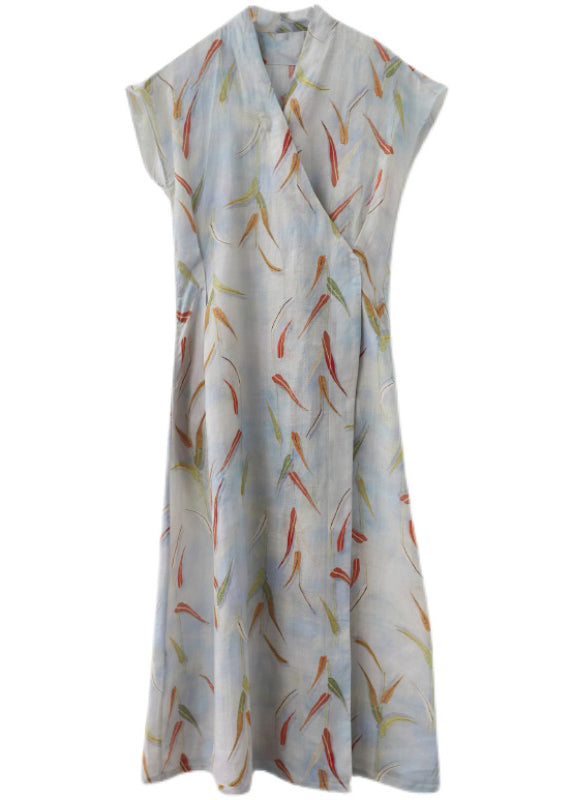 Vintage Print Leinen Sommer Taille Kleid Krawatte Lange
