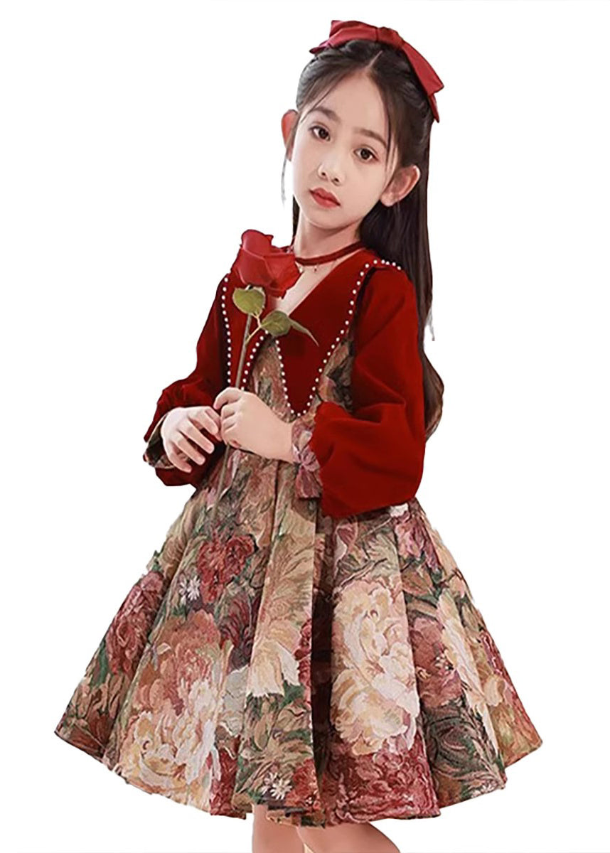 Robe longue à col vintage et imprimé Peter Red pour enfant, style printemps