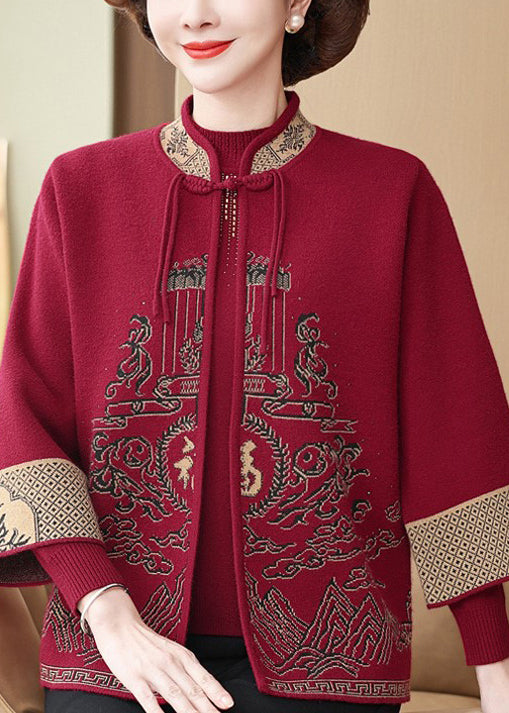 Ensemble deux pièces vintage rouge à col montant et pompons en tricot, printemps TQ009