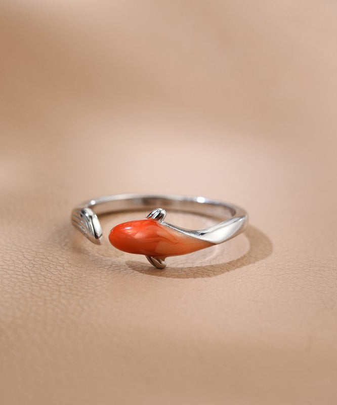 Bague ouverte vintage en argent sterling rouge avec motif carpe brodée YI020