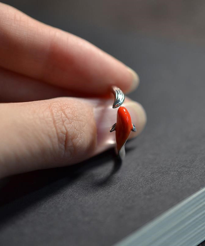 Bague ouverte vintage en argent sterling rouge avec motif carpe brodée YI020