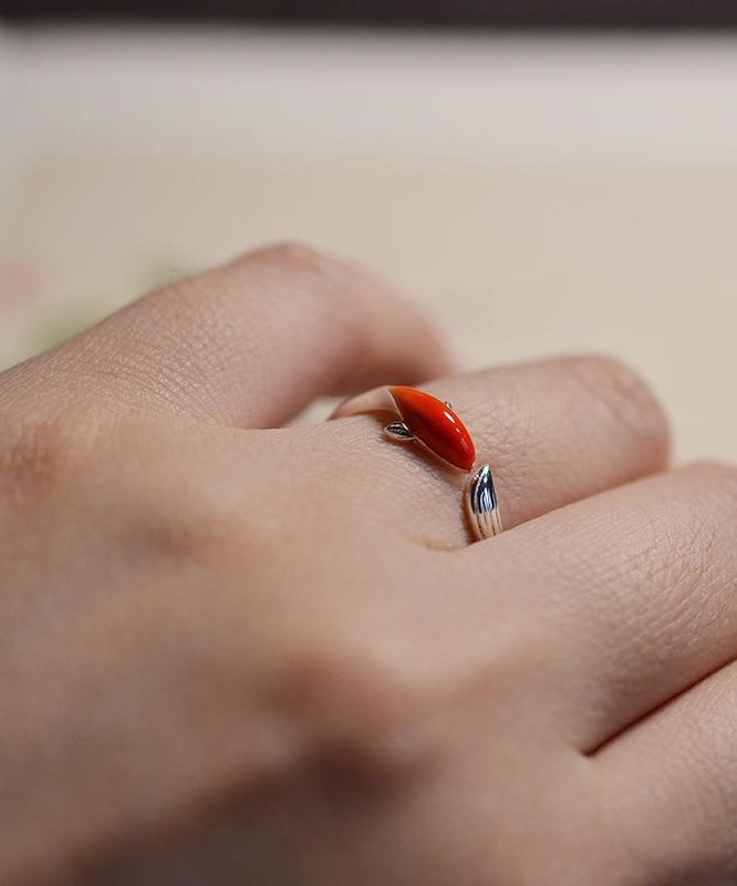 Bague ouverte vintage en argent sterling rouge avec motif carpe brodée YI020