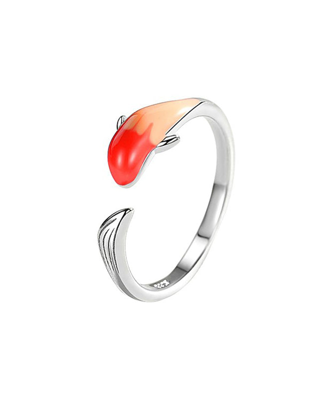 Bague ouverte vintage en argent sterling rouge avec motif carpe brodée YI020