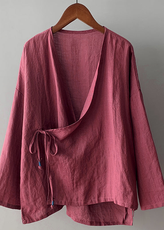 Haut en coton à lacets et col en V style vintage rose, printemps TI033