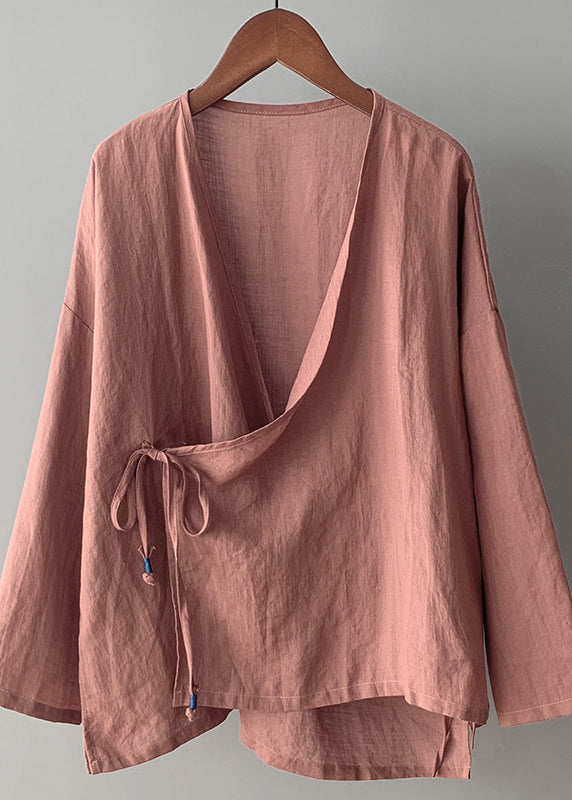 Haut en coton à lacets et col en V style vintage rose, printemps TI033