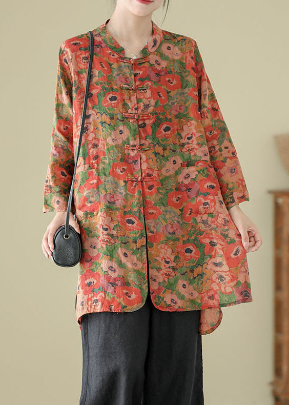 Vintage Stand Collar Chinese Button Print Linen Shirts Coat Long Sleeve AP087
