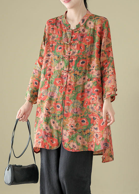 Vintage Stand Collar Chinese Button Print Linen Shirts Coat Long Sleeve AP087
