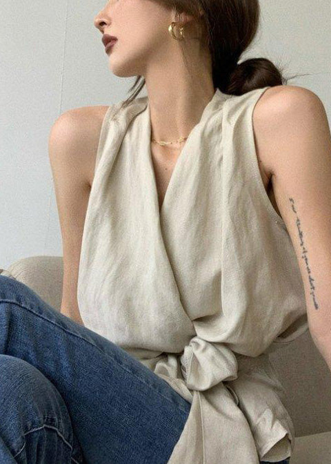 Waist Vintage Sleeveless White Linen Tie Vests