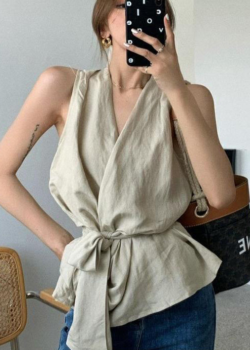 Waist Vintage Sleeveless White Linen Tie Vests