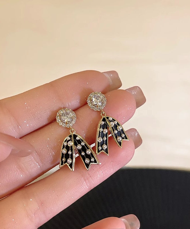 Boucles d'oreilles pendantes en alliage de cuivre noir Vogue avec perles et nœud RB014