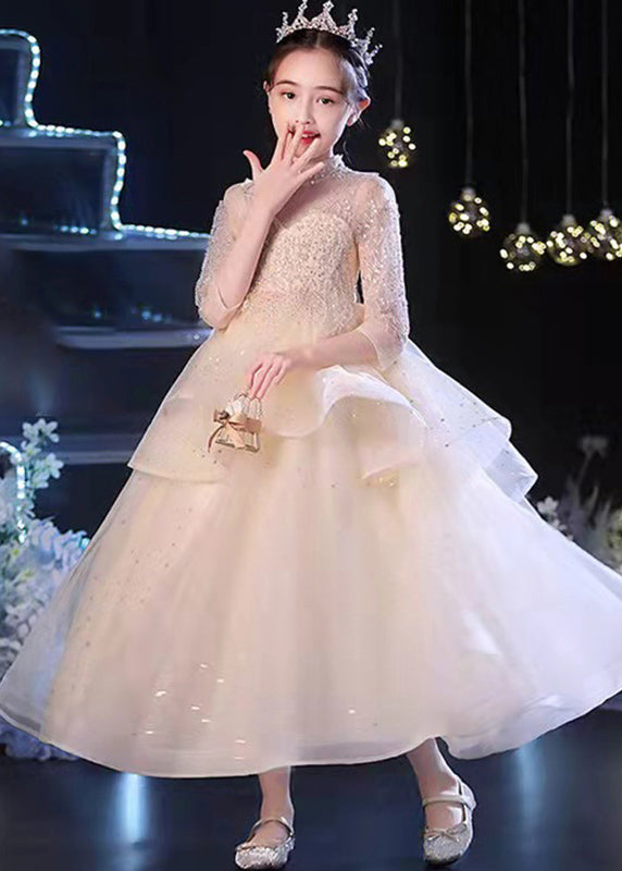 Robe longue en tulle à paillettes et col en V pour fille, couleur champagne, sans manches, XZ038
