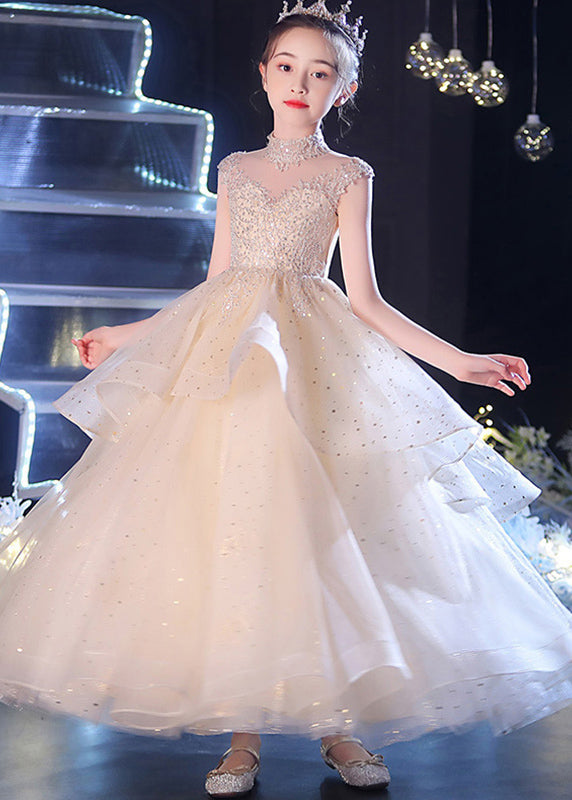 Robe longue en tulle à paillettes et col en V pour fille, couleur champagne, sans manches, XZ038