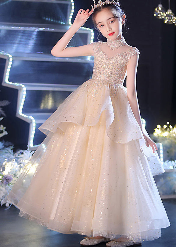 Robe longue en tulle à paillettes et col en V pour fille, couleur champagne, sans manches, XZ038