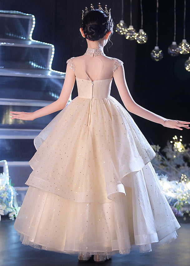 Robe longue en tulle à paillettes et col en V pour fille, couleur champagne, sans manches, XZ038