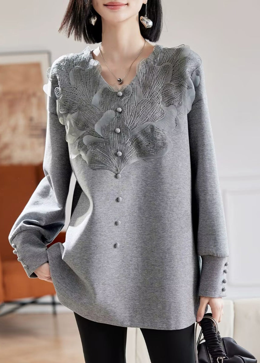 Sweat-shirt gris à col en V et patchwork de dentelle Vogue, printemps TE035