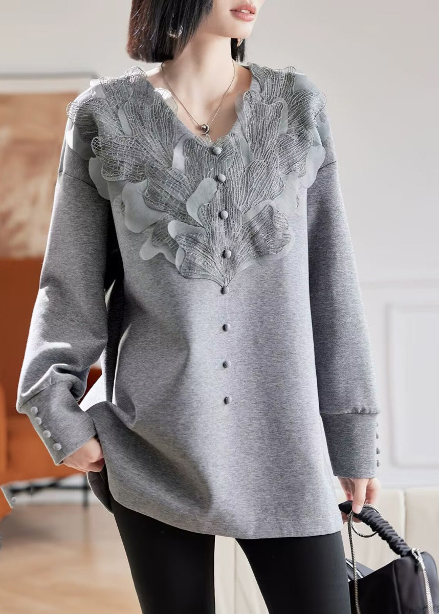 Sweat-shirt gris à col en V et patchwork de dentelle Vogue, printemps TE035