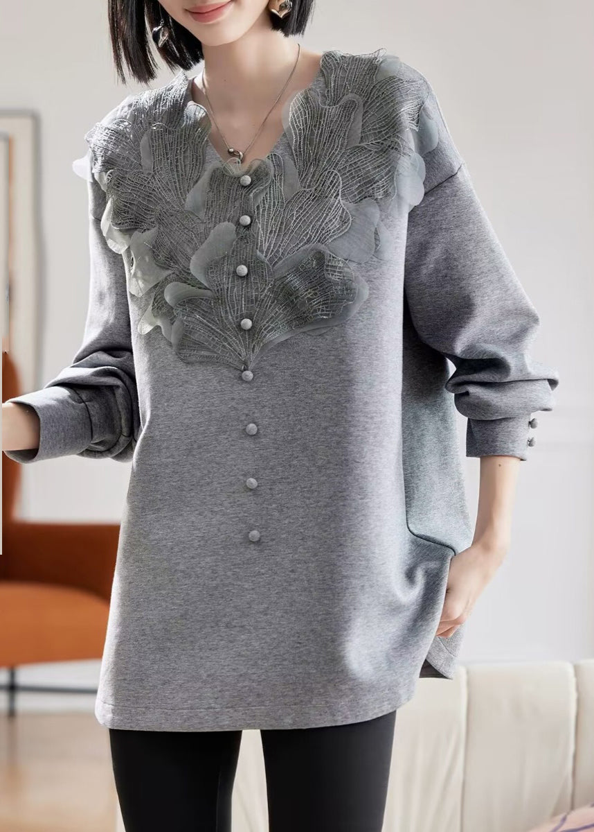 Sweat-shirt gris à col en V et patchwork de dentelle Vogue, printemps TE035