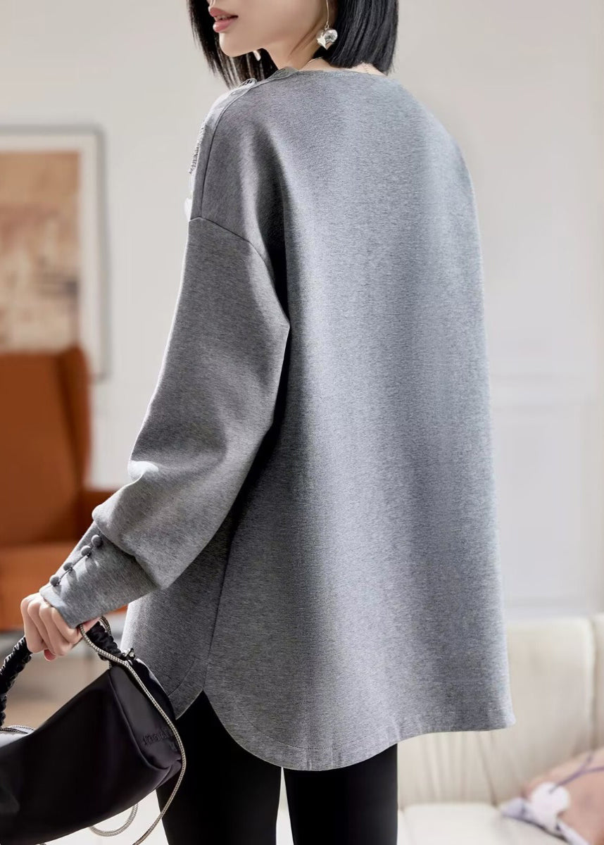Sweat-shirt gris à col en V et patchwork de dentelle Vogue, printemps TE035