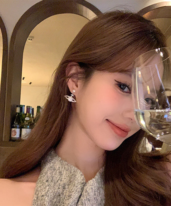 Vogue Weiß Kupfer Zirkon Perle Planet Tropfen Ohrringe YX018