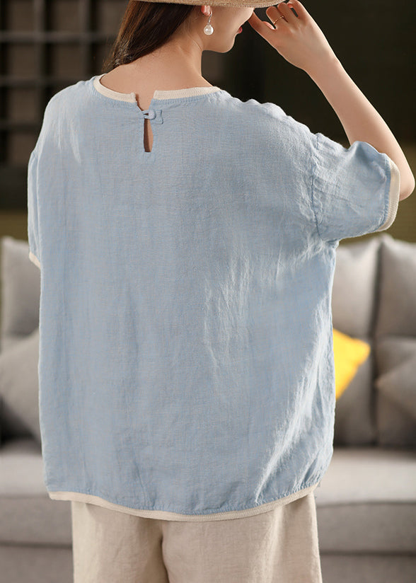 Chemise en lin à col patchwork rouge et boutons pastèques unis pour l'été