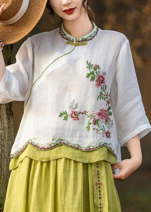Button White Linen Embroidered Blouses Patchwork Summer