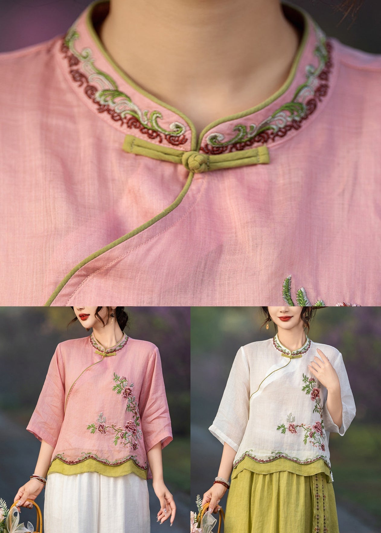 Button White Linen Embroidered Blouses Patchwork Summer