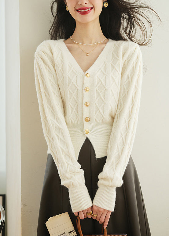 Weißer Strickpullover mit Knopfleiste und V-Ausschnitt, Frühling TF010