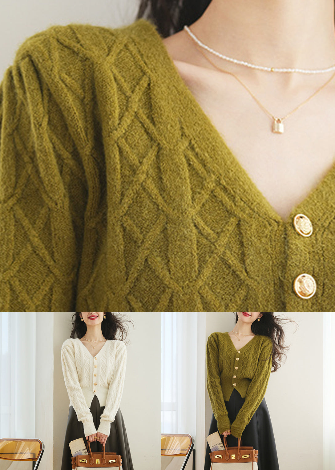 Weißer Strickpullover mit Knopfleiste und V-Ausschnitt, Frühling TF010