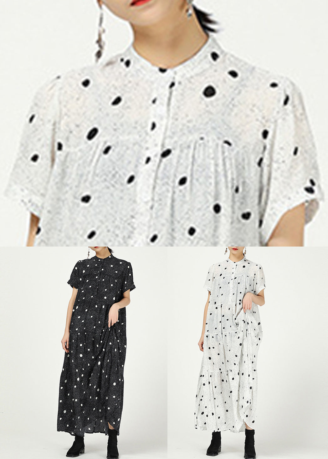 White Button Print Cotton Long Dress Stand Collar Summer AA1008