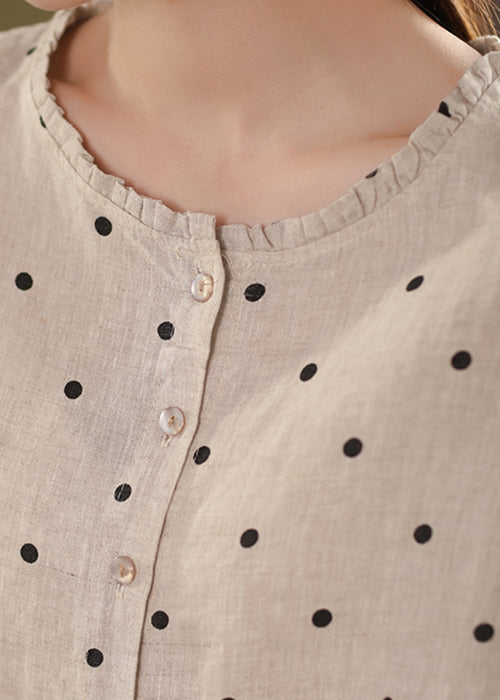 Print Shirt Linen Ruffled White Button Summer