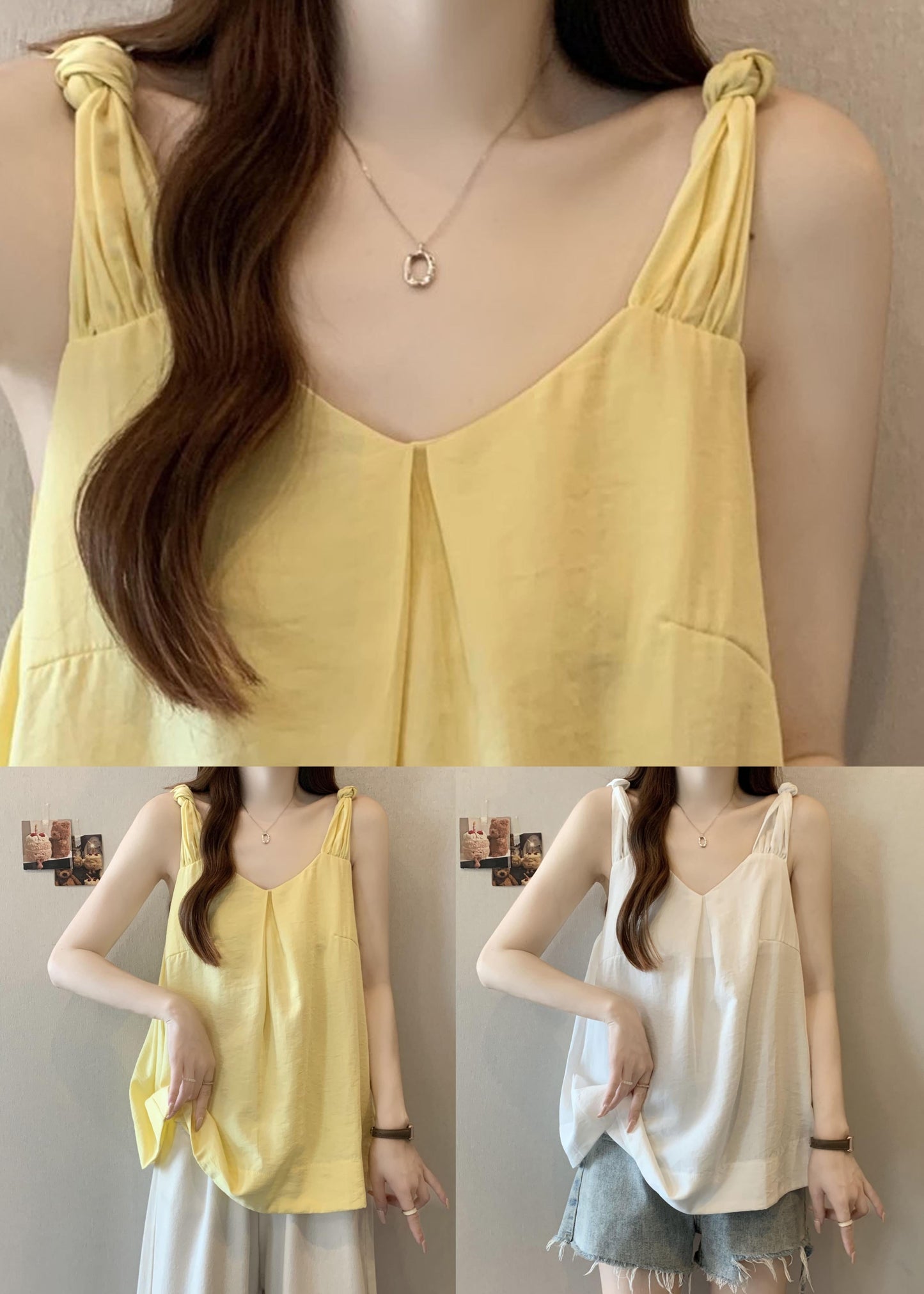 White Summer Neck Solid Wrinkled Cotton V Tank