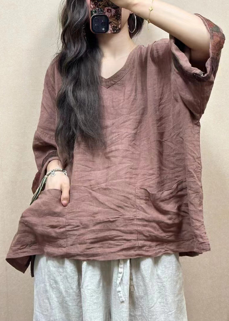 T-shirt en lin rouge vin avec poches latérales ouvertes et col en V, printemps GG015