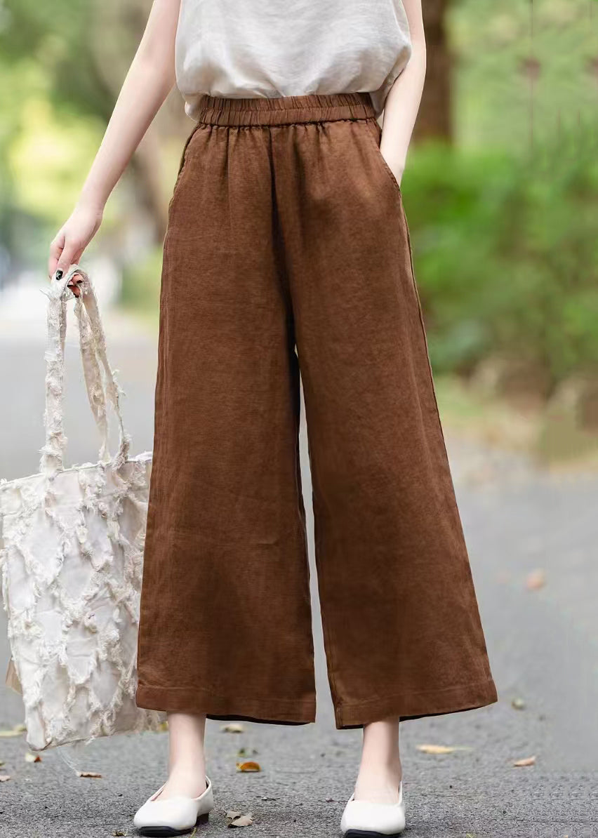 Pantalon d'été taille élastique en lin court vin rouge uni