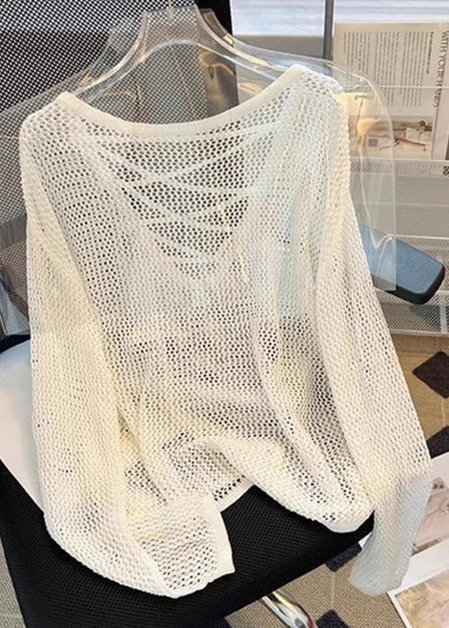 Hauts beiges unis d'été pour femmes en tricot ajouré