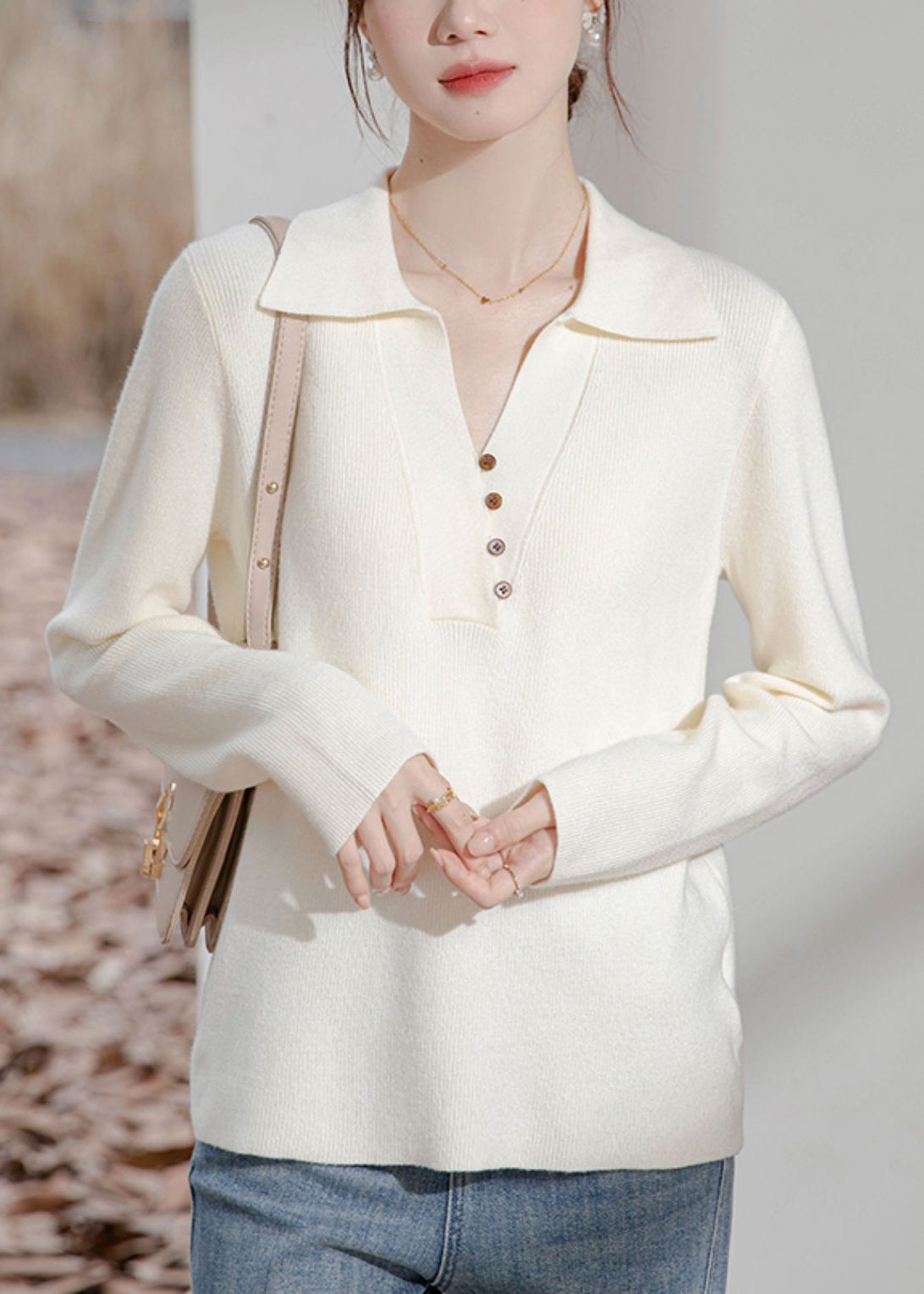 Damen Beige Peter Pan Kragen Knopf Strickpullover Frühling TF033