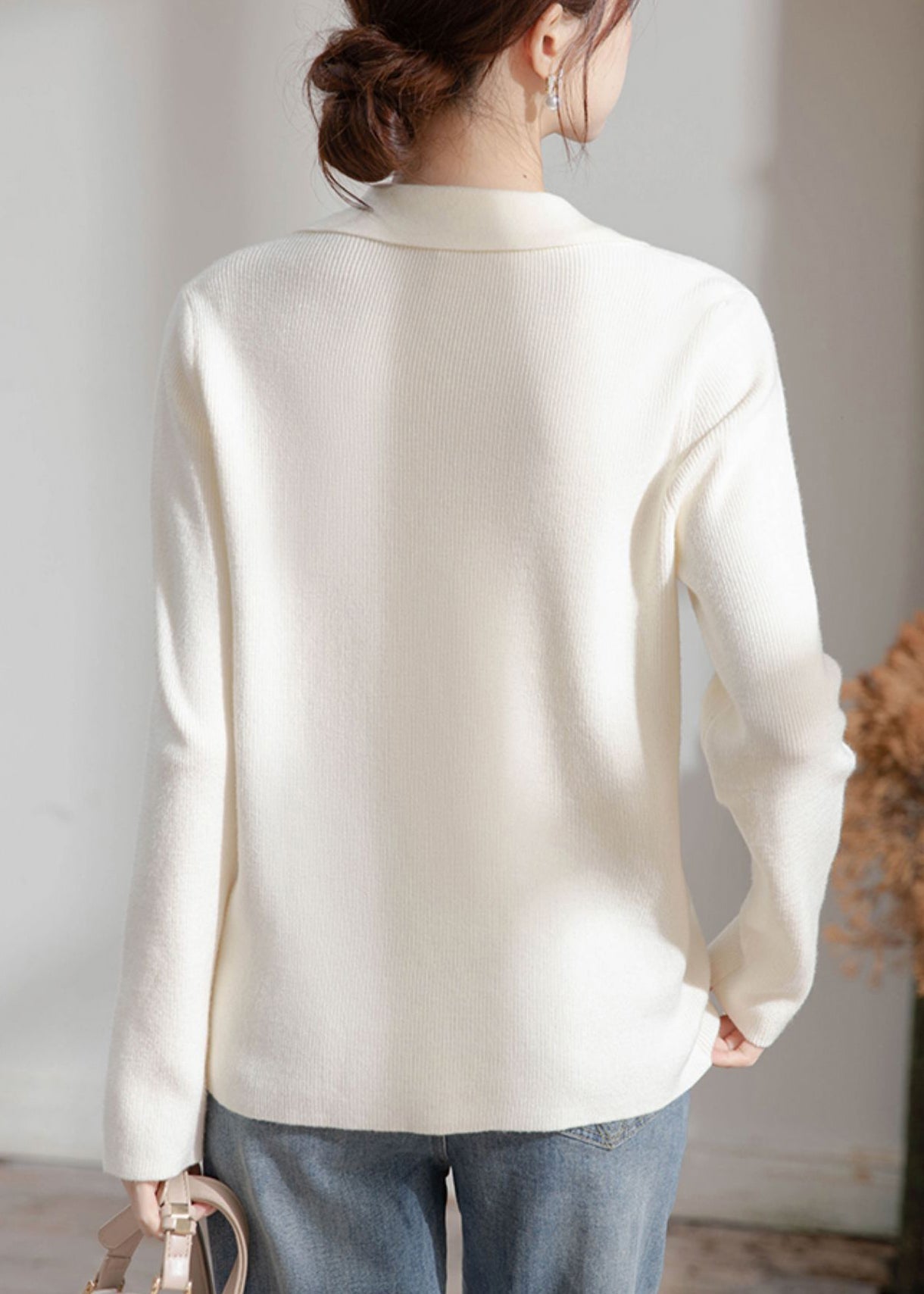 Damen Beige Peter Pan Kragen Knopf Strickpullover Frühling TF033