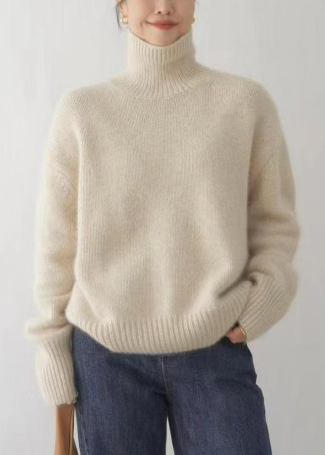 Pull beige à col roulé pour femme, tricot uni, hiver TF032