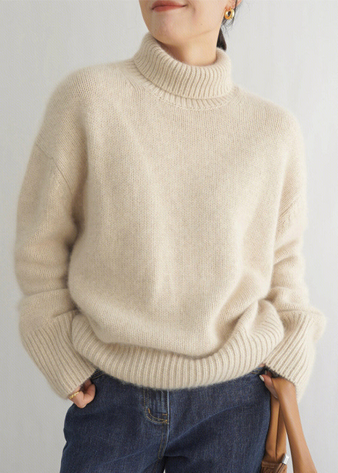 Pull beige à col roulé pour femme, tricot uni, hiver TF032