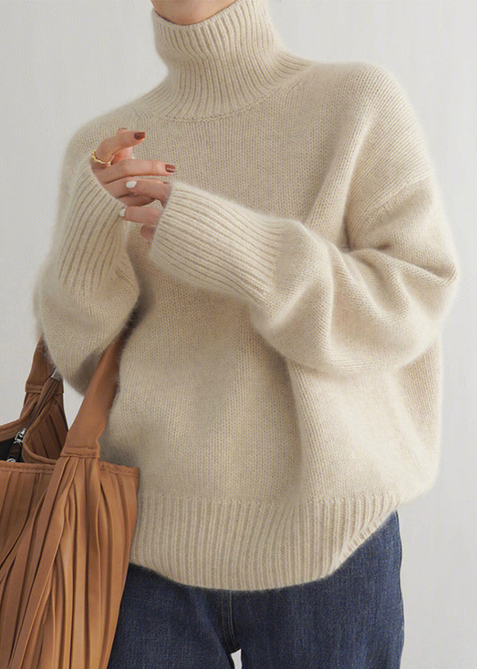 Pull beige à col roulé pour femme, tricot uni, hiver TF032
