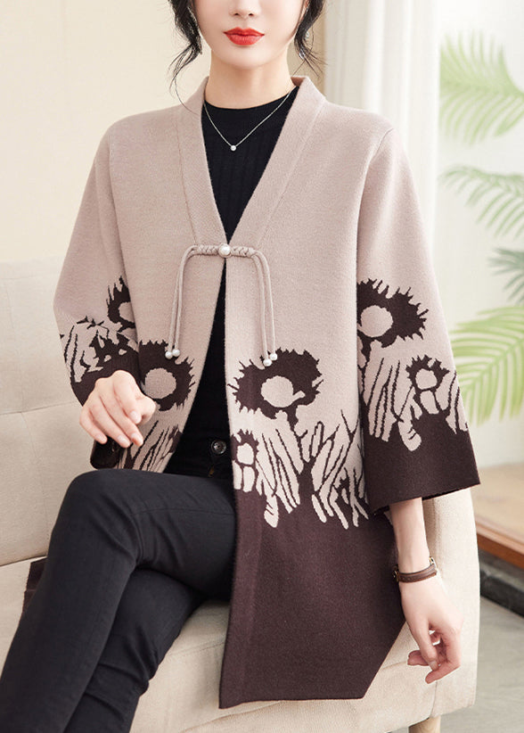 Damen Beige V-Ausschnitt Baumwolle Strick Cardigans Frühling TA006